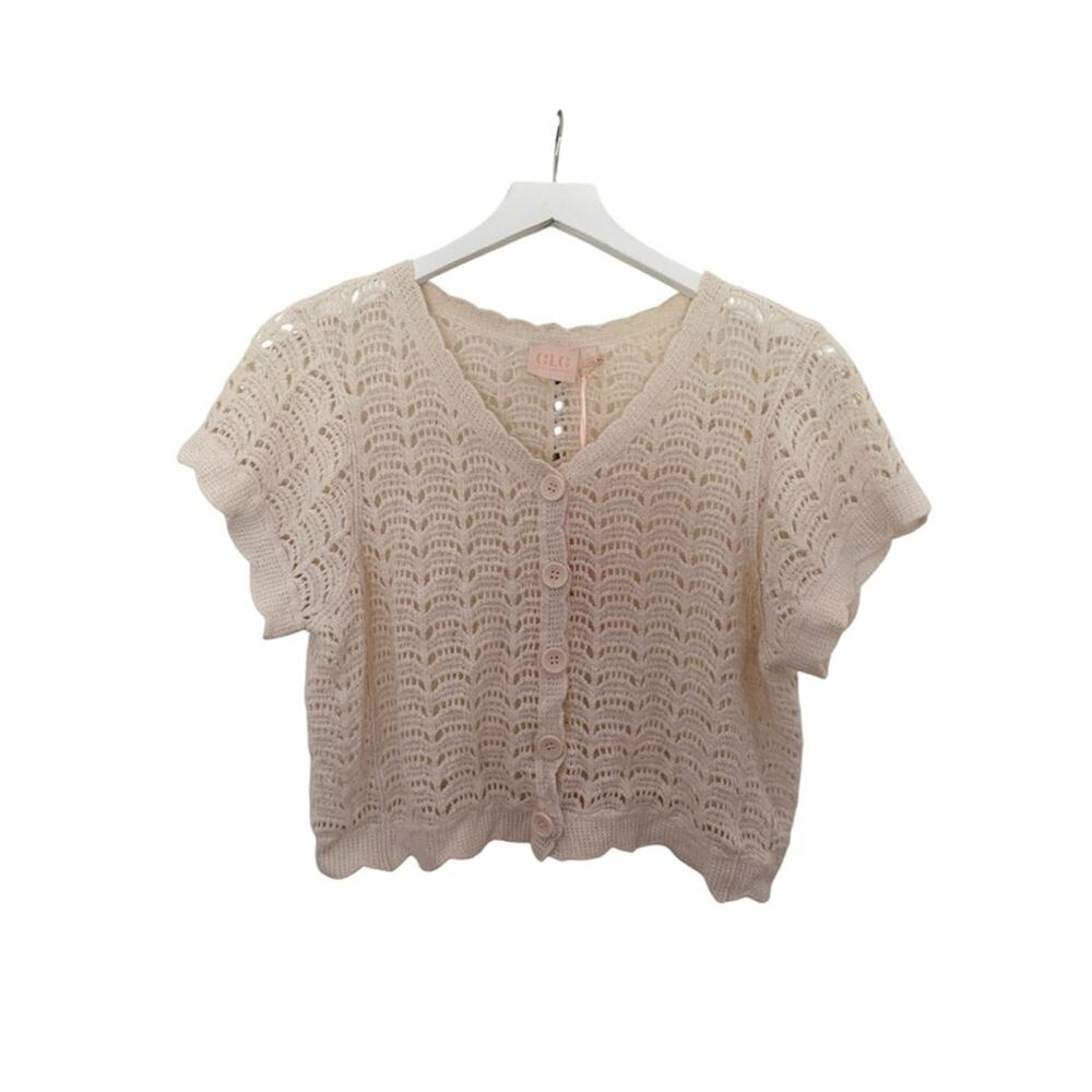 NWT Good Luck Gem Cream Crochet Knit Sweater Cardigan Short Sleeve Size Large